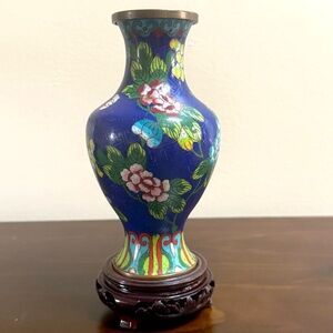 Vintage Blue Cloisonné Floral Vase with Carved Wood Base